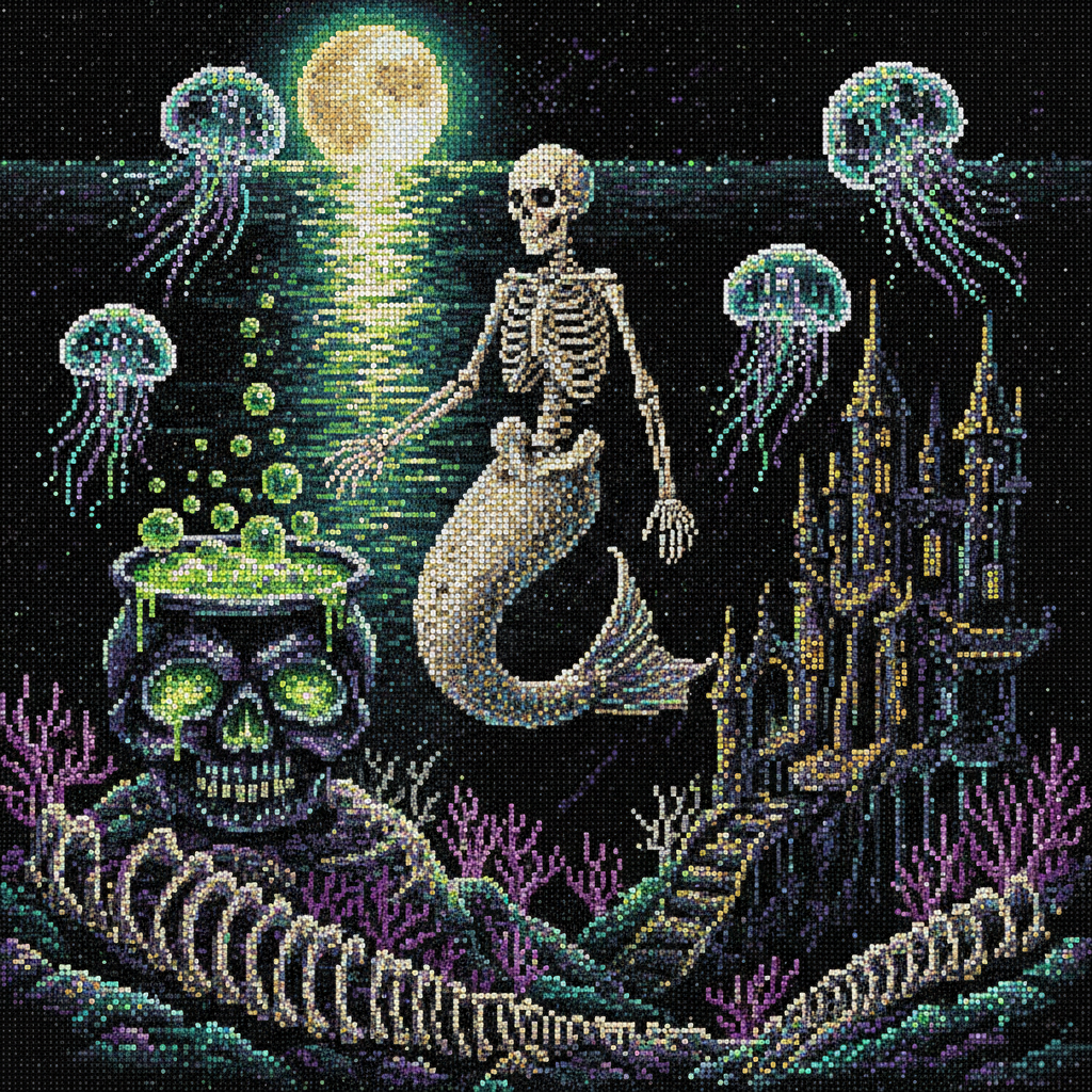 Skeletal Mermaid & Haunted Cauldron- Diamond Painting Kit