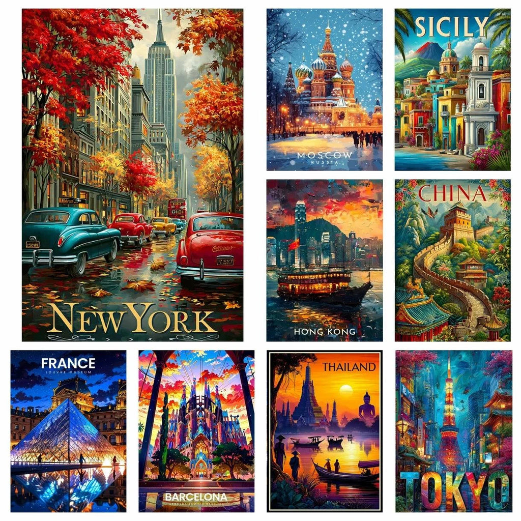 Diamond Painting Kit New York, Tokyo City Scenery Decoration DIY Full Drill World City Scenery Mosaic Cross Embroidery Set Gifts
