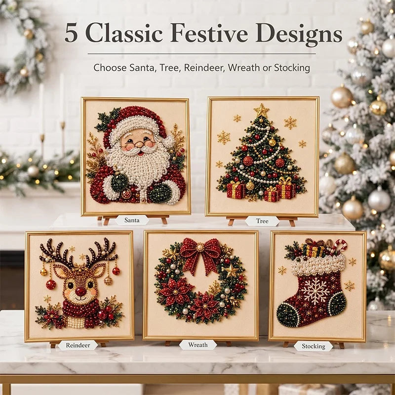 Christmas Pearl Diamond Painting Art Kit With Frame DIY Pearl Beads Art Craft Kit Gemstone Diamond Dots Beads For Home Decor