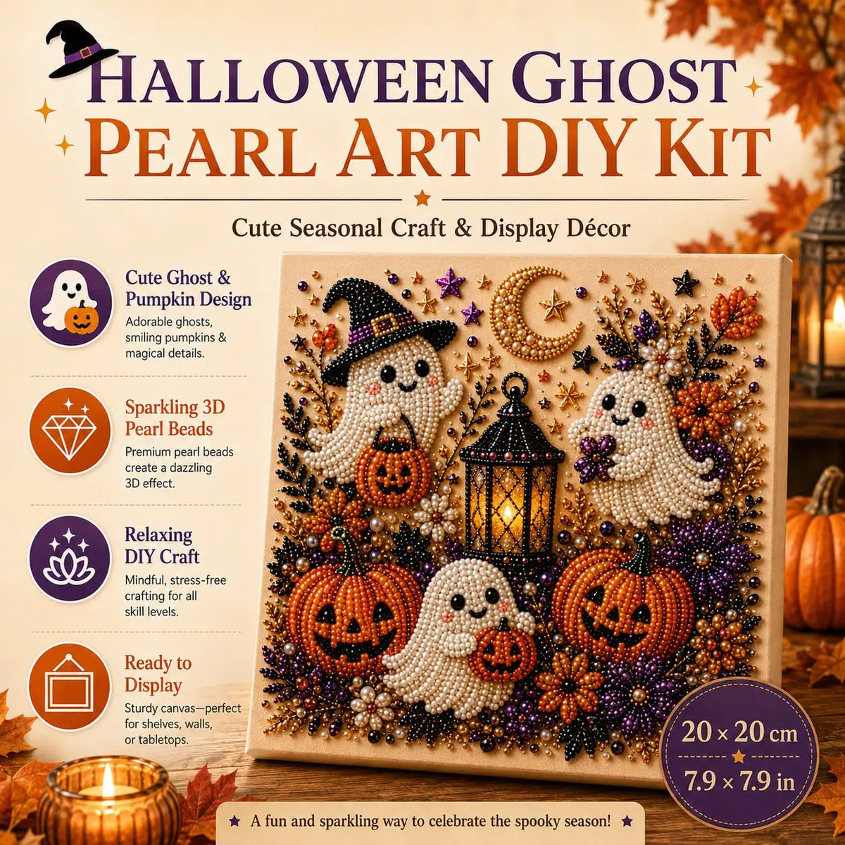 DIY Halloween Ghost Pumpkin Diamond Pearl Painting Kit 3D Pearl Diamond Art Kit Pearl Diamond Painting Kit for Adults Home Decor