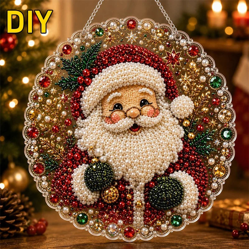 DIY Pearl Diamond Painting Set featuring a sparkling beaded Santa Claus Christmas ornament with jeweled border