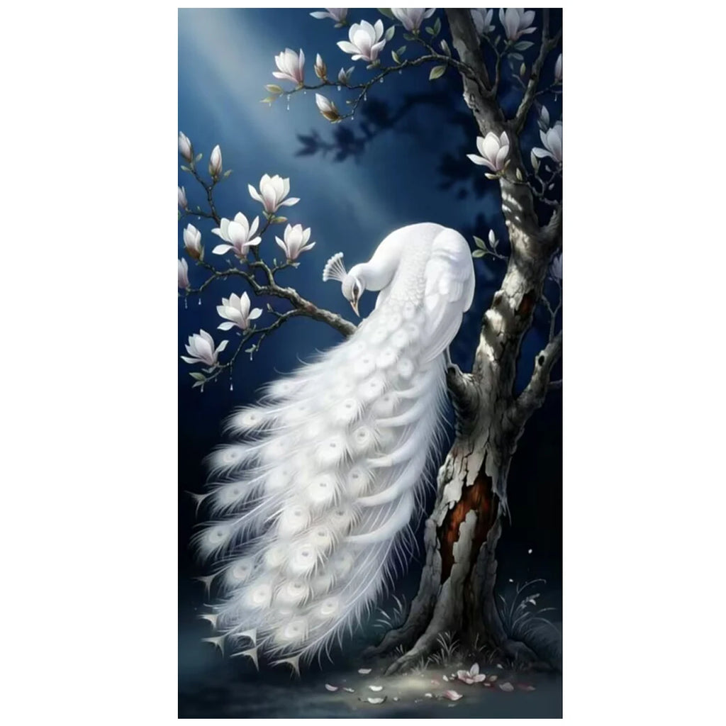 5D Diamond Painting Kit for Adults, White Peacock with Magnolia Full Drill Diamond Art, DIY Mosaic Cross Stitch, Home Decor Gift