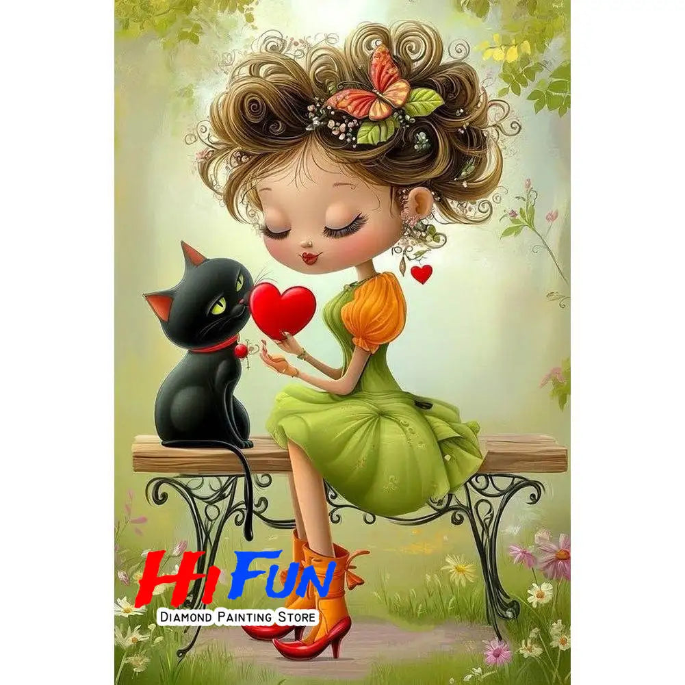Diamond Painting Full Diamond Dot Art Beautiful Moments Adorable Girl and Whimsical Cat Embroidery Mosaic Painting Pop Art Set