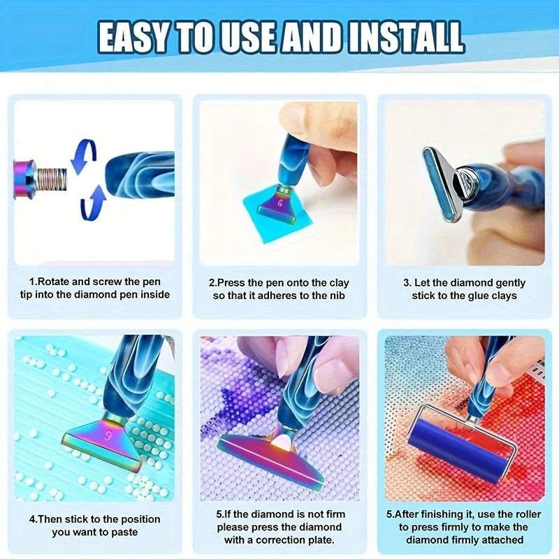 Diamond Painting Art Pen Kit, with Screw-On Steel Metal Tip Applicator Roller Tool Accessories, Ergonomic Diamond Art Pen, Suitable for 5D Diamond Painting Bead Dotting