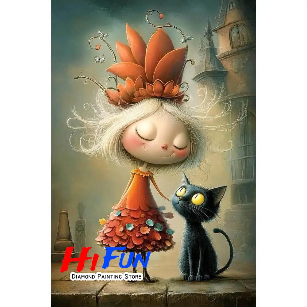 Diamond Painting Full Diamond Dot Art Beautiful Moments Adorable Girl and Whimsical Cat Embroidery Mosaic Painting Pop Art Set