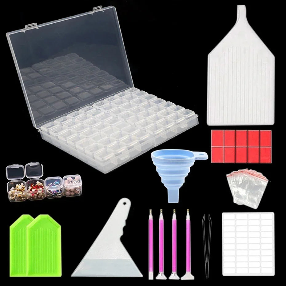 Diamond Painting Tools Sets with 64/56/42/28 Cells Plastic Storage Box Funnel Stickers etc Kit for Diamond Painting Embroidery