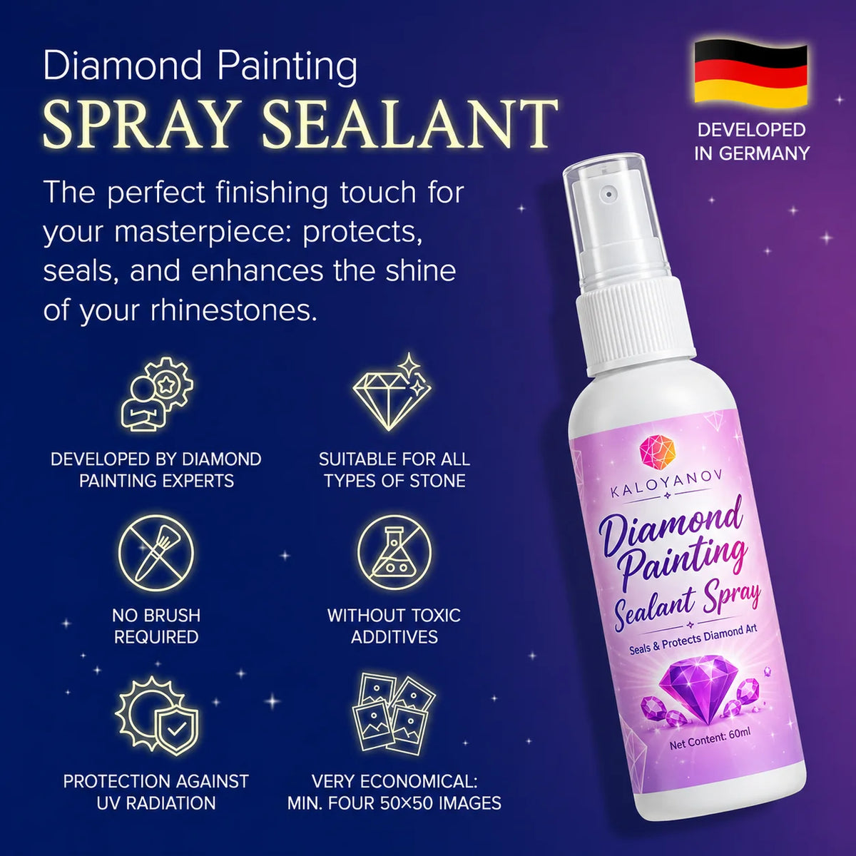 KALOYANOV Diamond Painting Sealant Spray (60ml) for Diamond Art Accessories, Clear Waterproof Finish, Easy to Use, No Yellowing