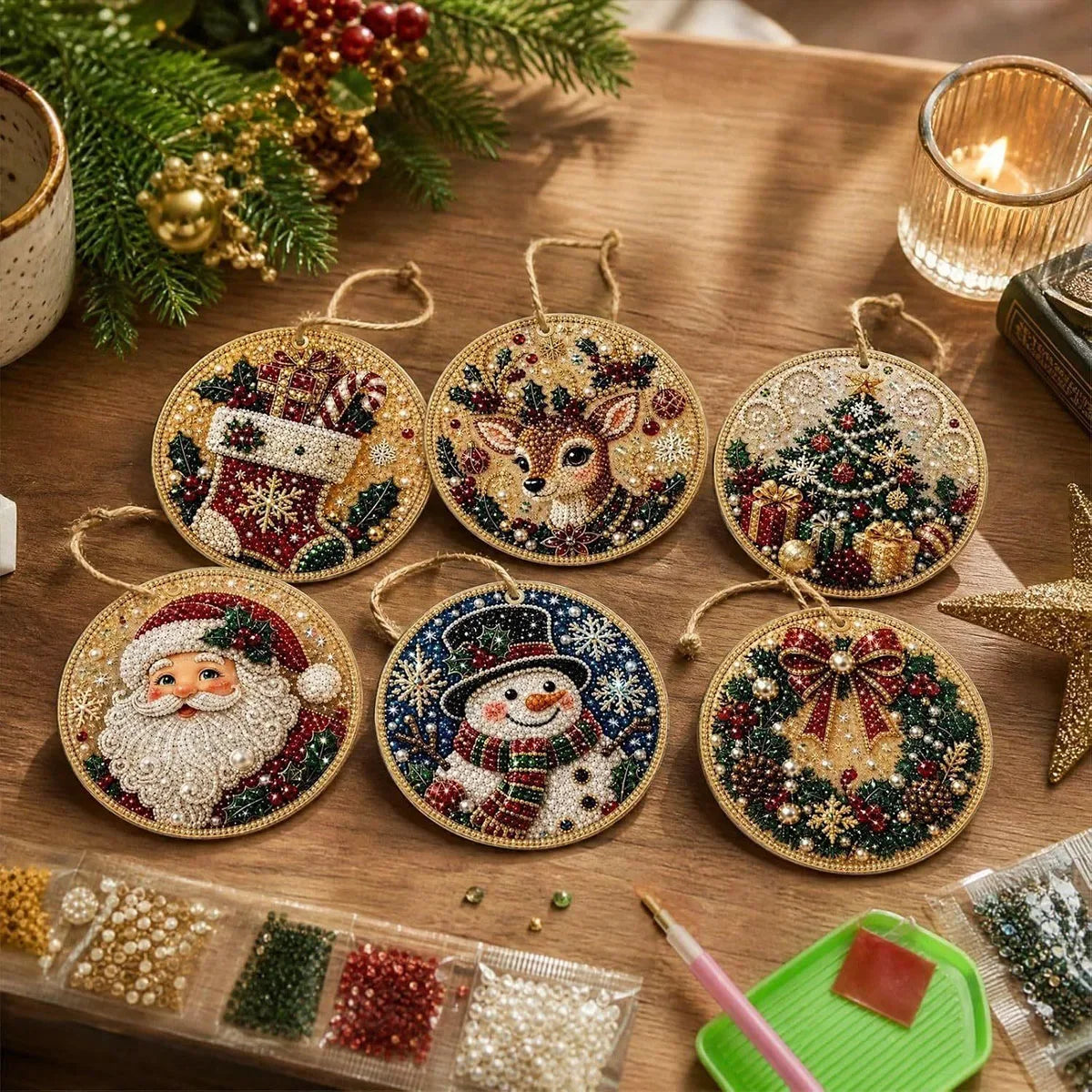 6-piece Christmas Pearl Diamond Painting DIY Kit Diamond Art Hanging Pendant Christmas Tree Decoration Handmade Crafts Gift
