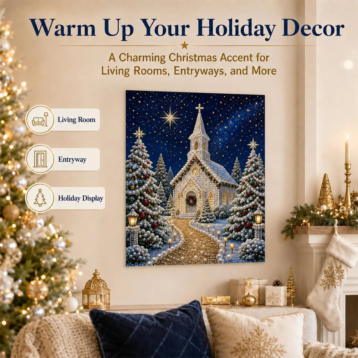 DIY Christmas Pearl Diamond Painting Kit, 5D Pearl Art Craft for Adults and Beginners, Christmas Church and Jesus Wall Decor, Ho