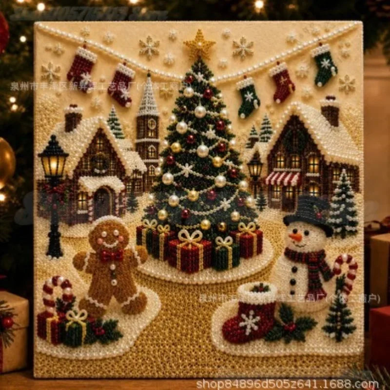 Christmas Pearl Diamond Painting Art Kit with Frame,DIY Pearl Beads Art Craft Kit,Gemstone Diamond Dots Beads for Home Decor