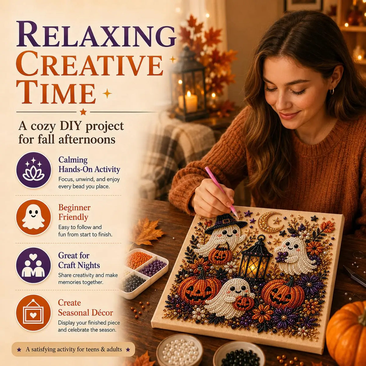 DIY Halloween Ghost Pumpkin Diamond Pearl Painting Kit 3D Pearl Diamond Art Kit Pearl Diamond Painting Kit for Adults Home Decor