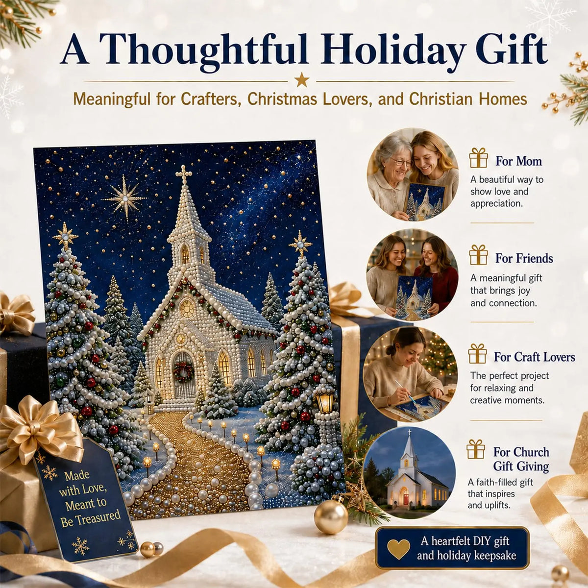 DIY Christmas Pearl Diamond Painting Kit, 5D Pearl Art Craft for Adults and Beginners, Christmas Church and Jesus Wall Decor, Ho