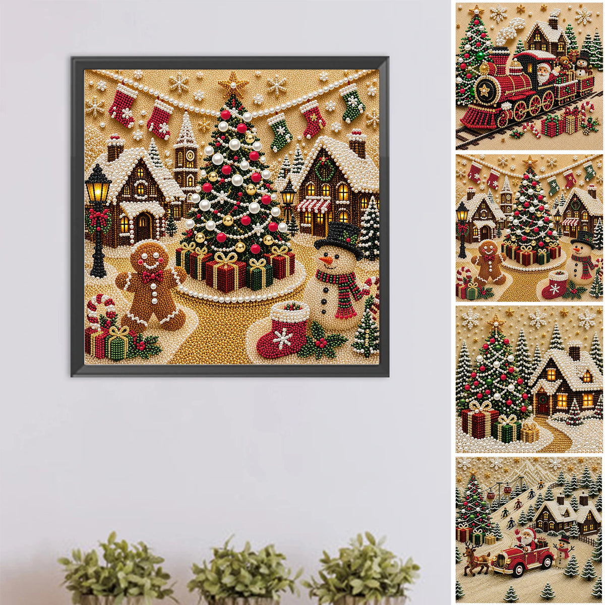 Christmas Pearl Diamond Painting Art Kit With Frame DIY Gemstone Diamond Dots Beads Craft Set Home Wall Art Decor Handmade Gift