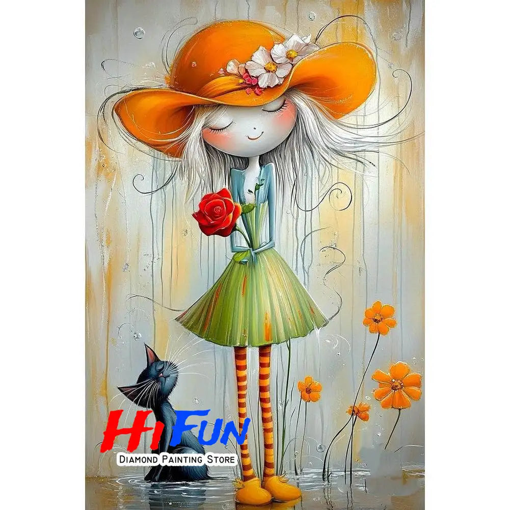 Diamond Painting Full Diamond Dot Art Beautiful Moments Adorable Girl and Whimsical Cat Embroidery Mosaic Painting Pop Art Set