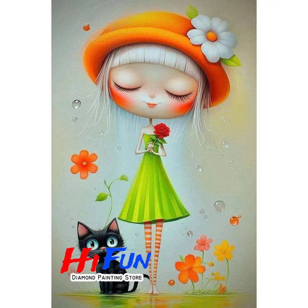 Diamond Painting Full Diamond Dot Art Beautiful Moments Adorable Girl and Whimsical Cat Embroidery Mosaic Painting Pop Art Set