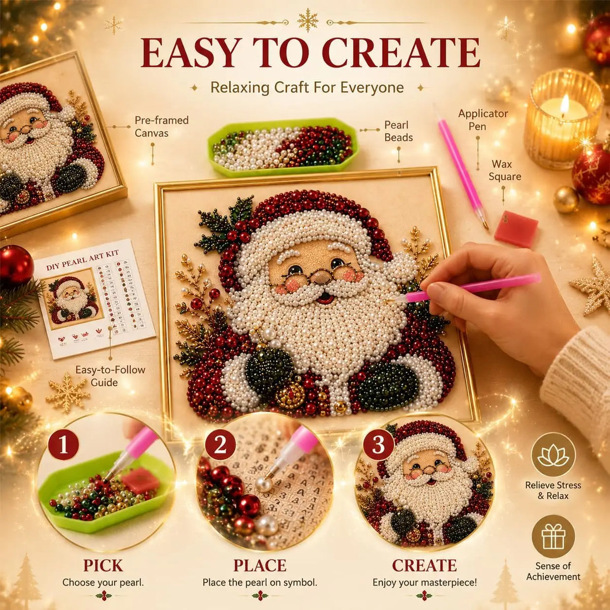 DIY Christmas Pearl Diamond Painting Art Kit with Frame Pearl Beads Art Craft for Adults Beginner Holiday Christmas Wall Decor