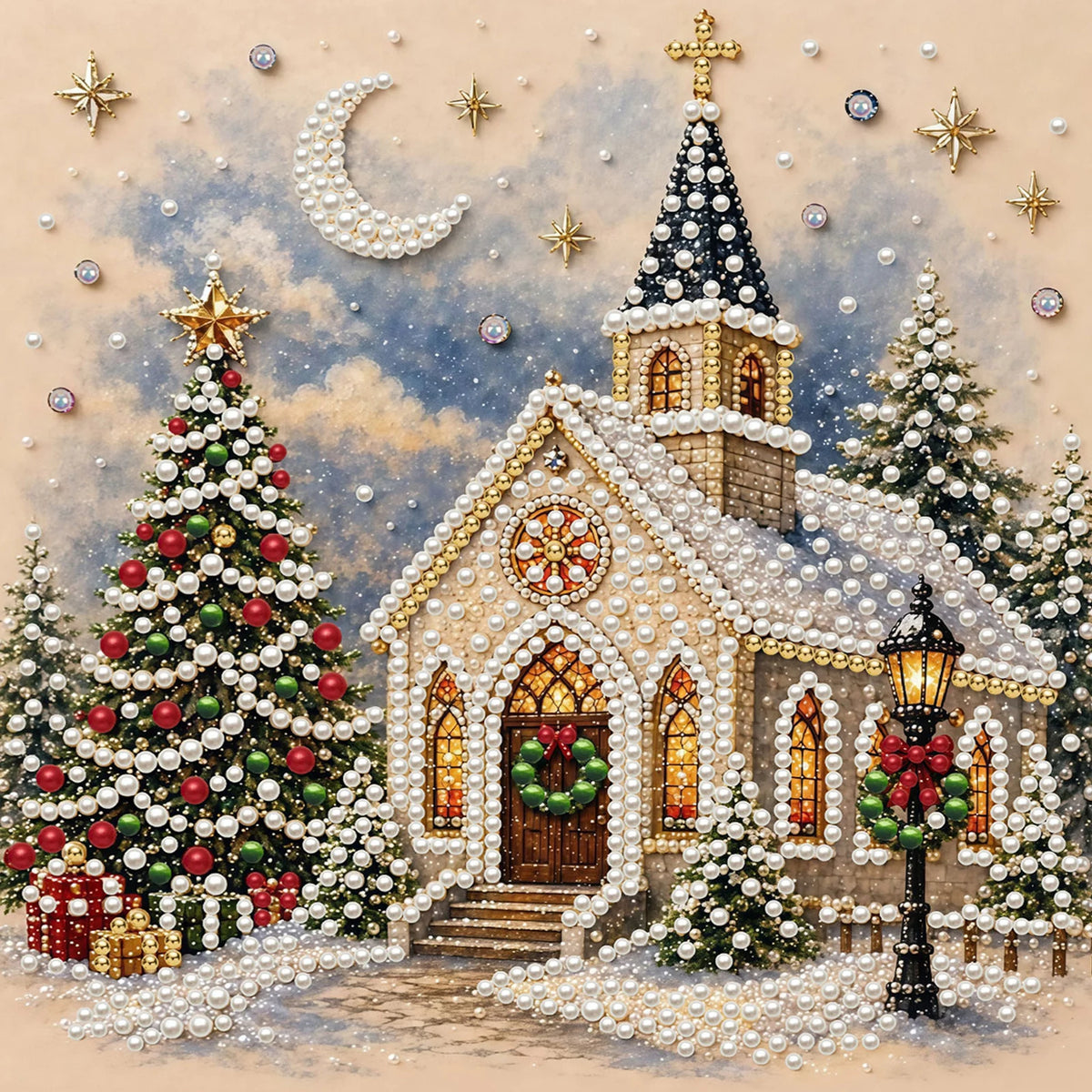 Christmas Pearl DIY Diamond Painting Kit with Wooden Frame 20x20cm Self-Adhesive Canvas Craft Set Home Decor Art Handmade Gift