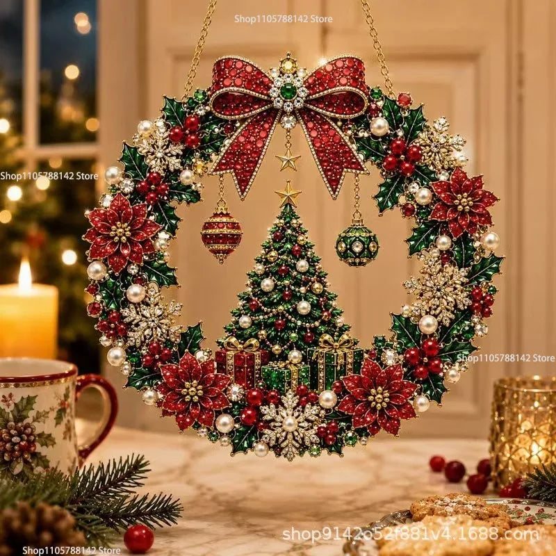 Christmas Pearl Diamond Painting Kit,DIY Acrylic Diamond Art with String Lights Wreath for Beginner Set Holiday Craft Gift