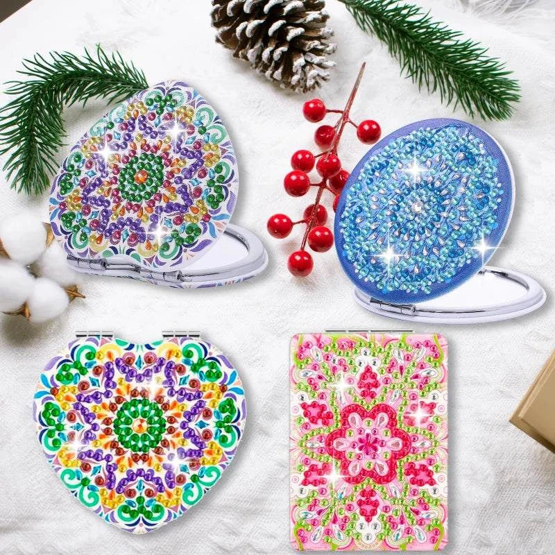 1 Piece DIY Diamond Painting Kit, Small Mirror, Mandala Pattern, PU Leather Material, Portable and Compact, for Makeup Use