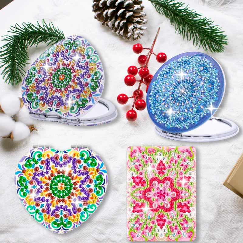 1 Piece DIY Diamond Painting Kit, Small Mirror, Mandala Pattern, PU Leather Material, Portable and Compact, for Makeup Use