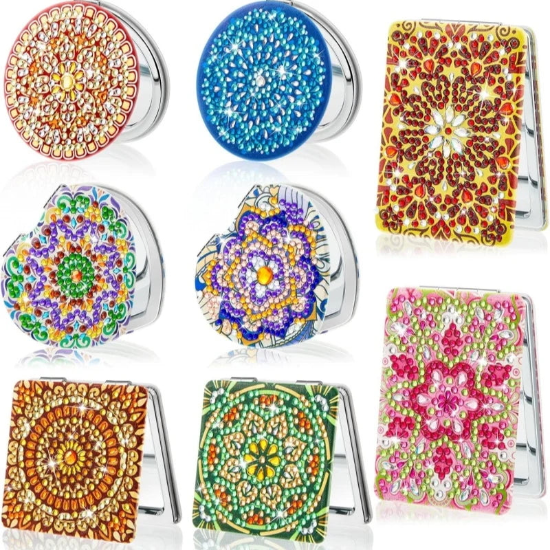 1 Piece DIY Diamond Painting Kit, Small Mirror, Mandala Pattern, PU Leather Material, Portable and Compact, for Makeup Use