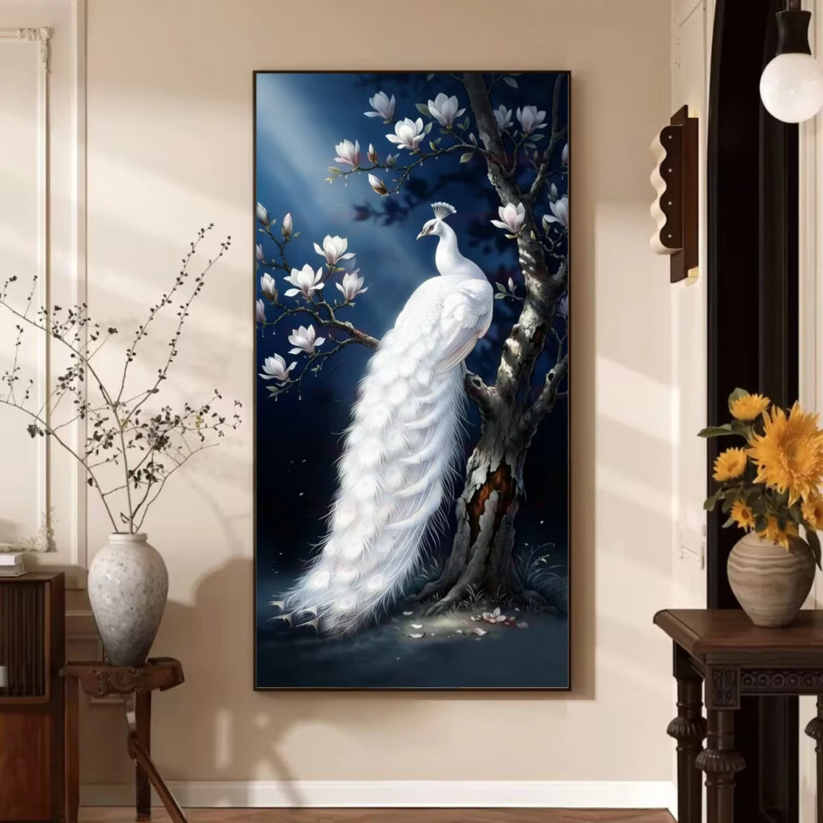 5D Diamond Painting Kit for Adults, White Peacock with Magnolia Full Drill Diamond Art, DIY Mosaic Cross Stitch, Home Decor Gift