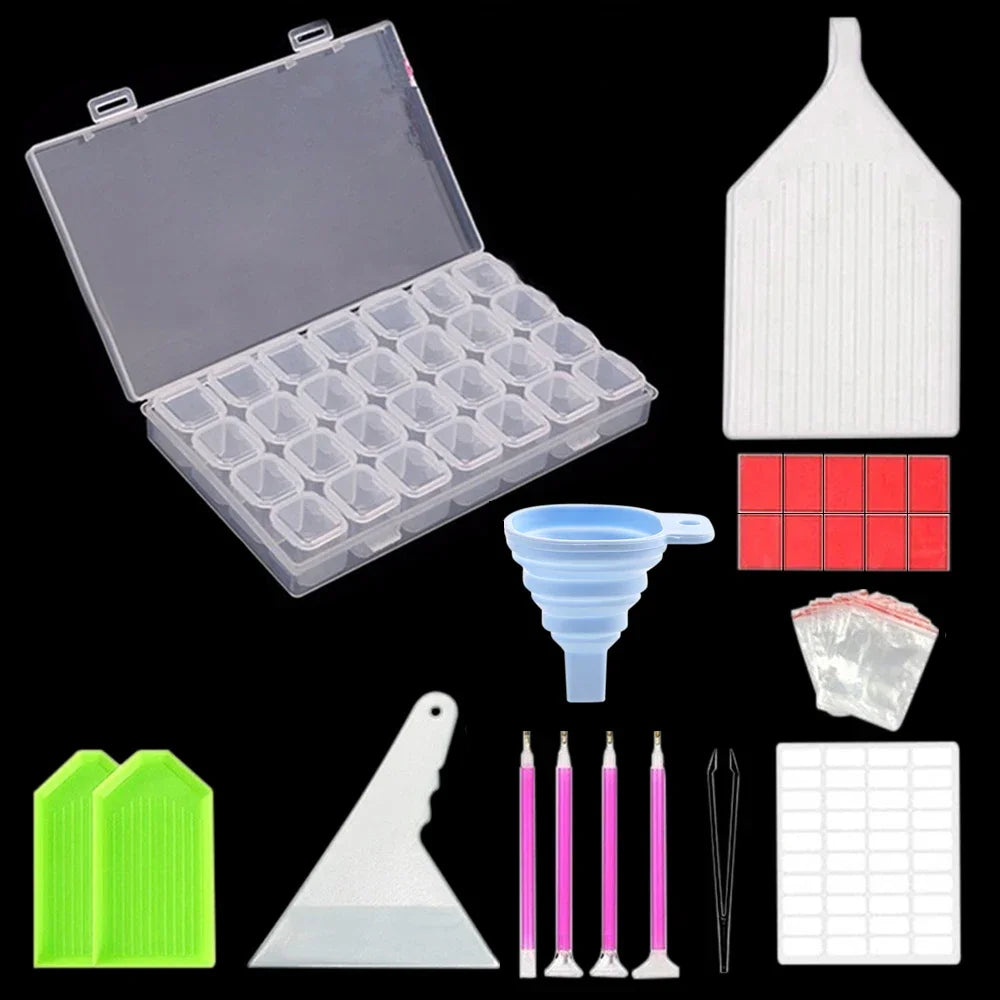 Diamond Painting Tools Sets with 64/56/42/28 Cells Plastic Storage Box Funnel Stickers etc Kit for Diamond Painting Embroidery