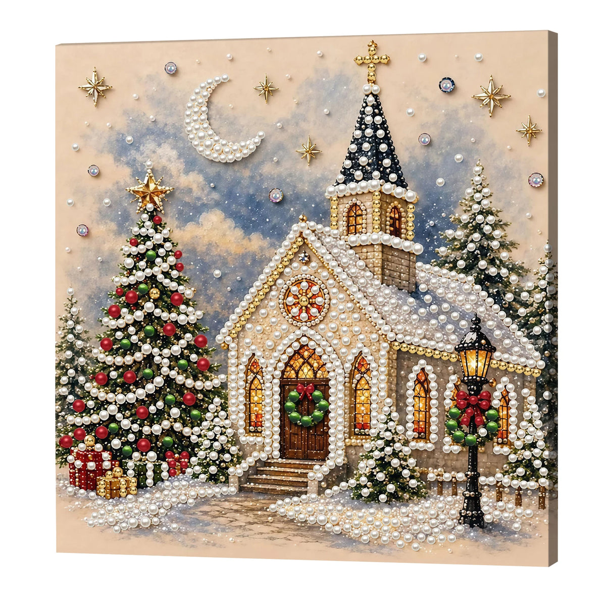 Christmas Pearl DIY Diamond Painting Kit with Wooden Frame 20x20cm Self-Adhesive Canvas Craft Set Home Decor Art Handmade Gift
