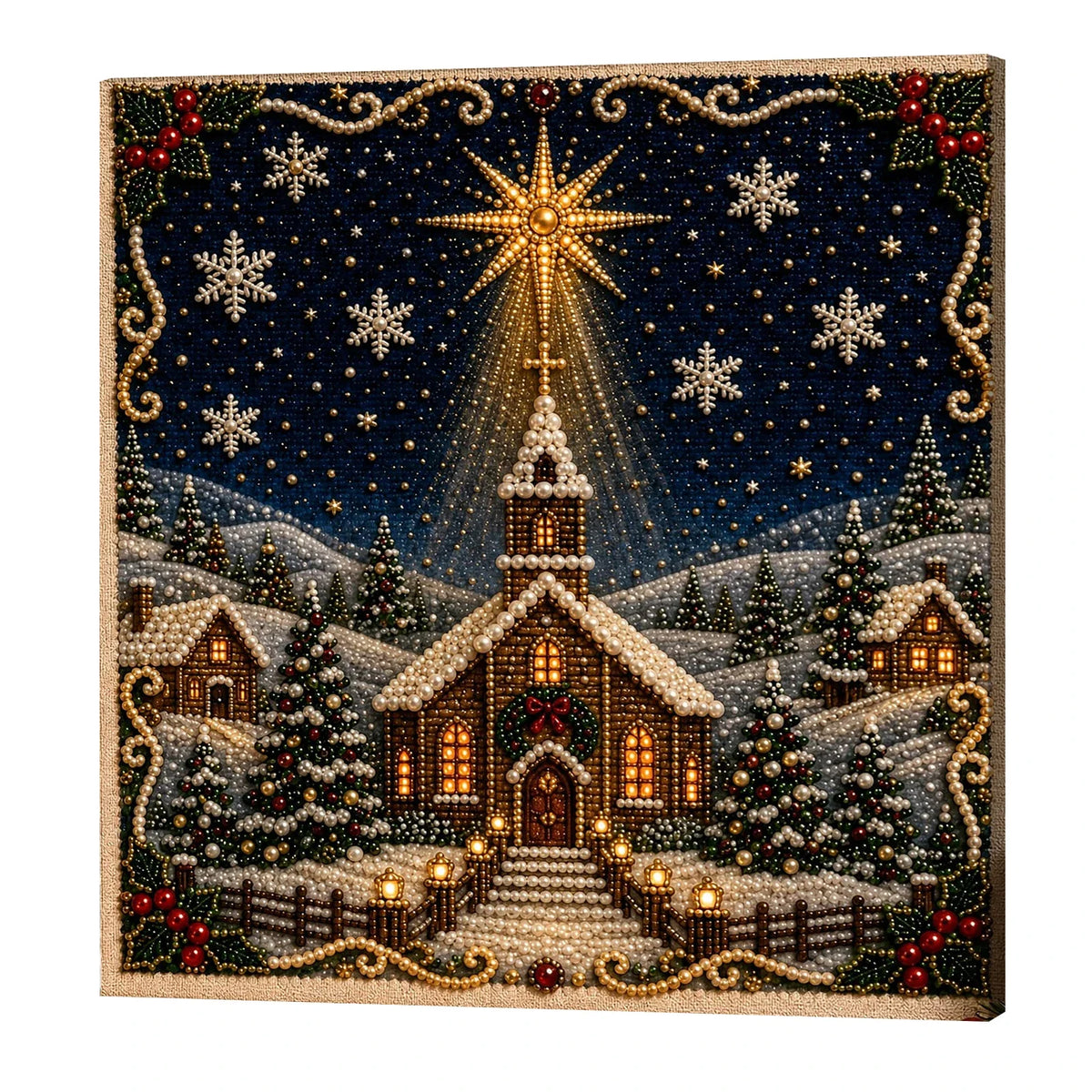 Christmas Pearl Diamond Painting Kit with Wooden Frame, Full Drill DIY Pearl Gem Art Craft Set, Home Decor Handmade Gift 20x20cm