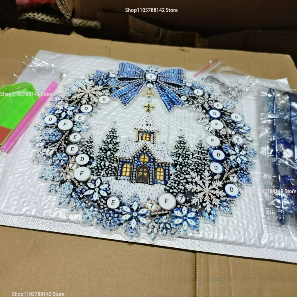 Christmas Pearl Diamond Painting Kit,DIY Acrylic Diamond Art with String Lights Wreath for Beginner Set Holiday Craft Gift
