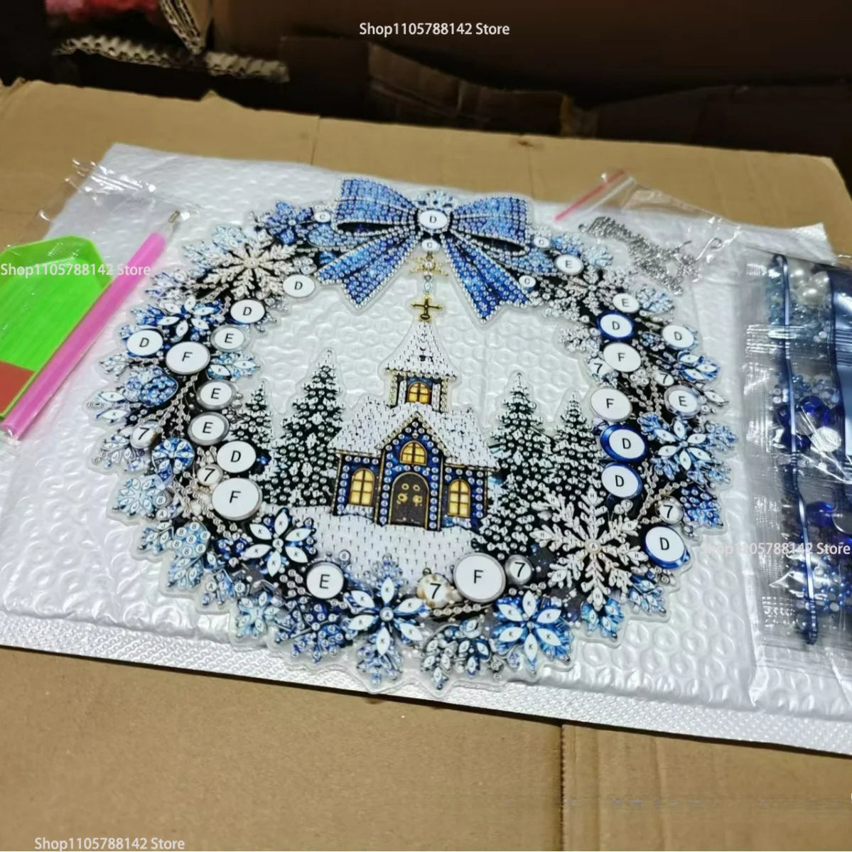 Christmas Pearl Diamond Painting Kit,DIY Acrylic Diamond Art with String Lights Wreath for Beginner Set Holiday Craft Gift