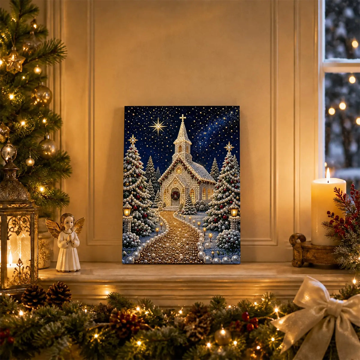 DIY Christmas Pearl Diamond Painting Kit, 5D Pearl Art Craft for Adults and Beginners, Christmas Church and Jesus Wall Decor, Ho