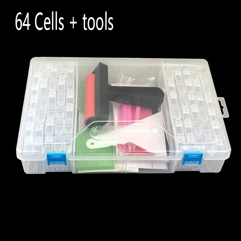 Diamond Painting Tools Sets with 64/56/42/28 Cells Plastic Storage Box Funnel Stickers etc Kit for Diamond Painting Embroidery