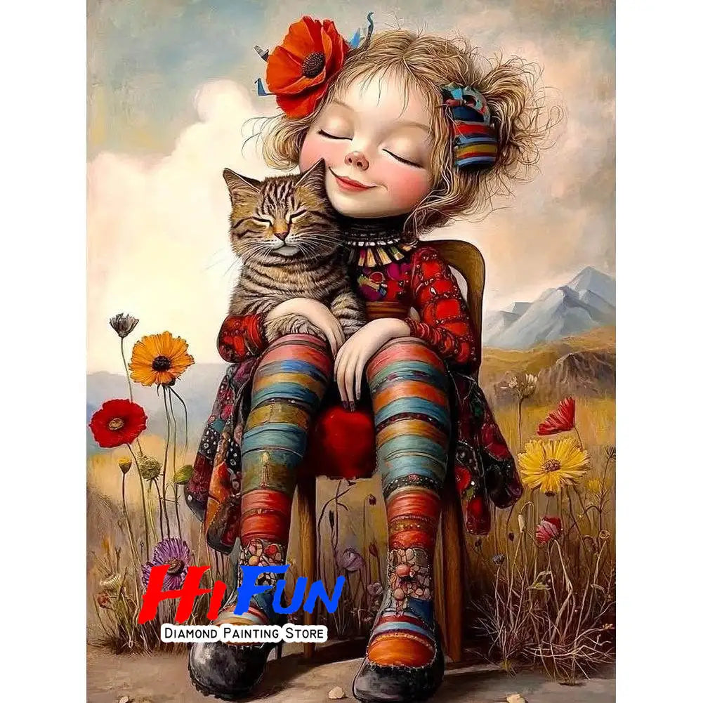 Diamond Painting Full Diamond Dot Art Beautiful Moments Adorable Girl and Whimsical Cat Embroidery Mosaic Painting Pop Art Set
