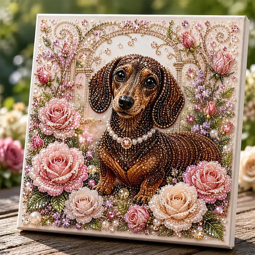 Animal Pearl Art kit featuring a brown beaded dachshund surrounded by pink roses and floral embellishments