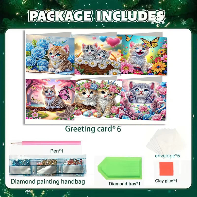6-Piece/Set DIY Diamond Painting Kit Birthday Card Kit, Unique Animal and Cat Pattern Design, Rhinestone Diamond Painting Art Mo