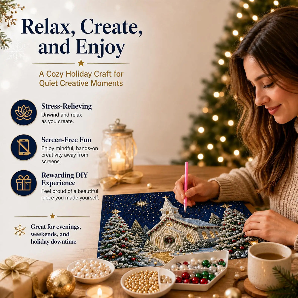 DIY Christmas Pearl Diamond Painting Kit, 5D Pearl Art Craft for Adults and Beginners, Christmas Church and Jesus Wall Decor, Ho