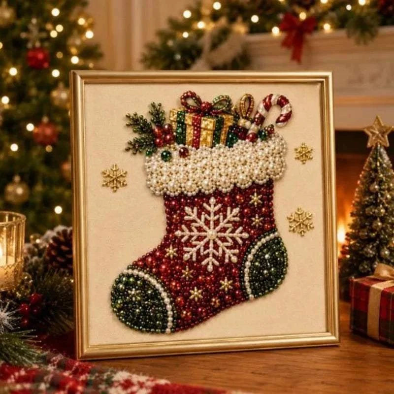 Christmas Pearl Diamond Painting Art Kit With Frame DIY Pearl Beads Art Craft Kit Gemstone Diamond Dots Beads For Home Decor