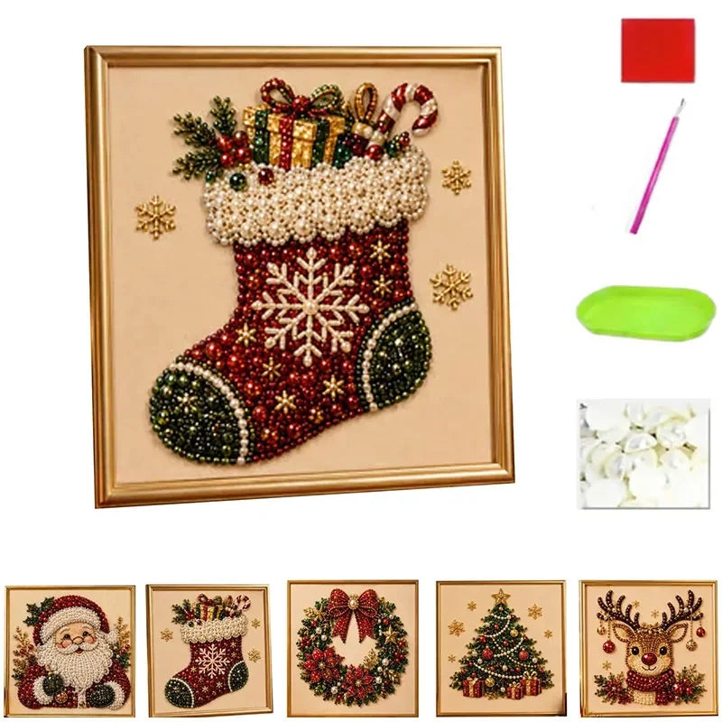 Christmas Pearl Diamond Painting Art Set With Frame DIY Pearl Beads Craft Kit For Adults Beginner Home Decor Wall Art Party Gift