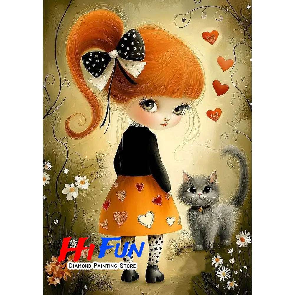 Diamond Painting Full Diamond Dot Art Beautiful Moments Adorable Girl and Whimsical Cat Embroidery Mosaic Painting Pop Art Set