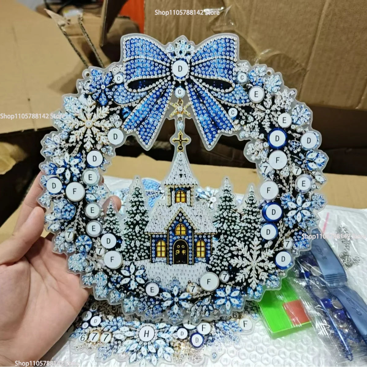 Christmas Pearl Diamond Painting Kit,DIY Acrylic Diamond Art with String Lights Wreath for Beginner Set Holiday Craft Gift