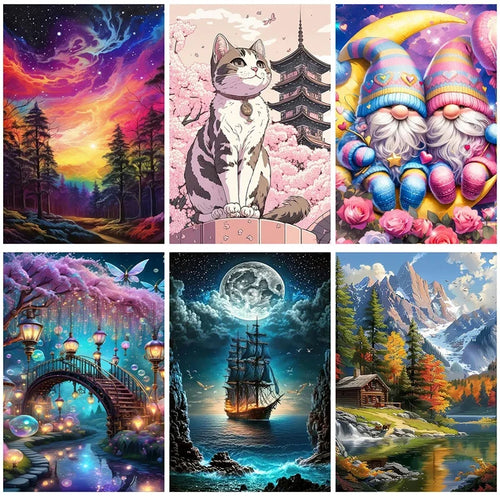 5D Diy Diamond Paintings kit featuring six colourful scenic and fantasy designs with round crystal mosaic details