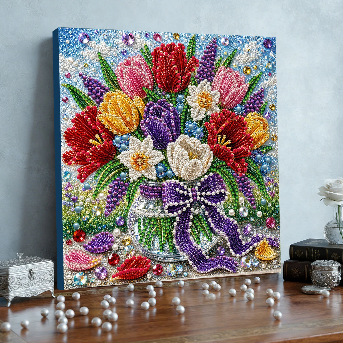 DIY Pearl Diamond Painting Kit Flowers Pearl Art Kits for Adults 7.87x7.87" Rhinestones Beads Diamond Art Kit with Framed Canvas