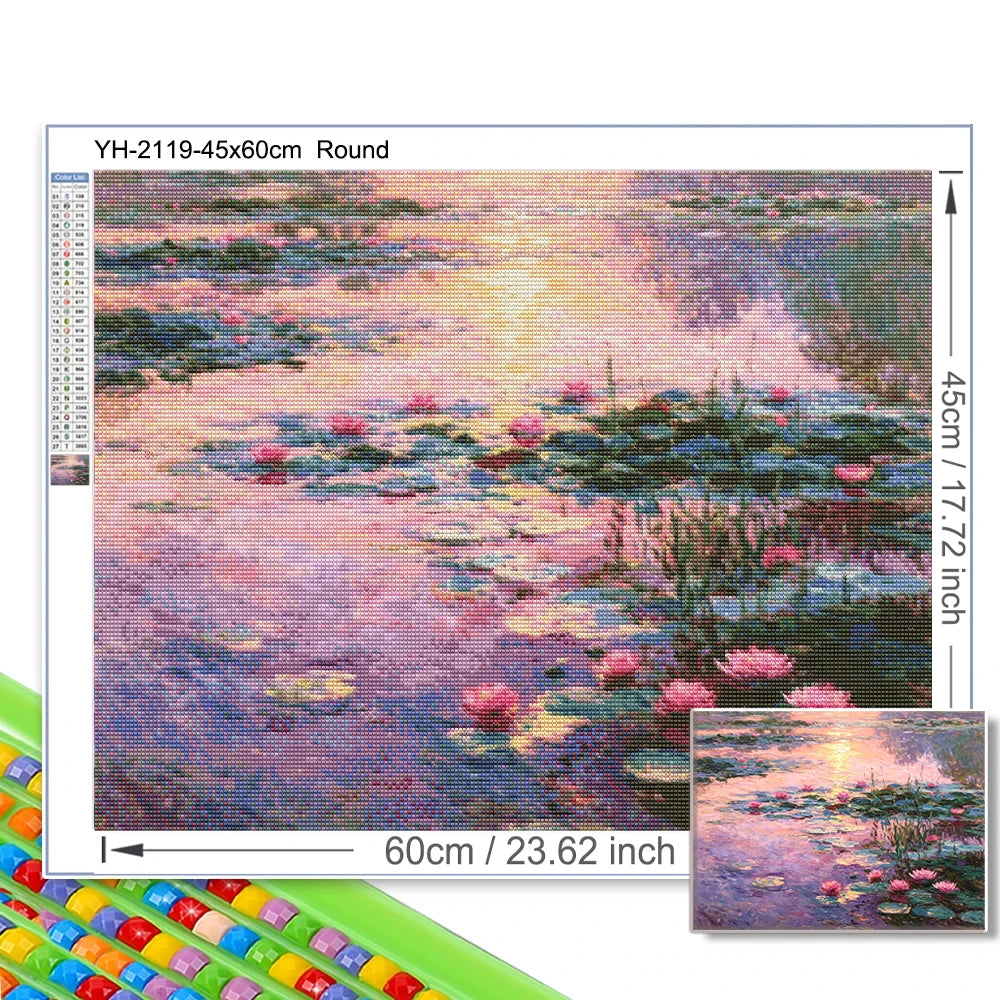 5D DIY Diamond Painting Kit Monet Water Lilies Pond Famous Impressionism Art Full Drill Diamond Mosaic Home Wall Decor Gift