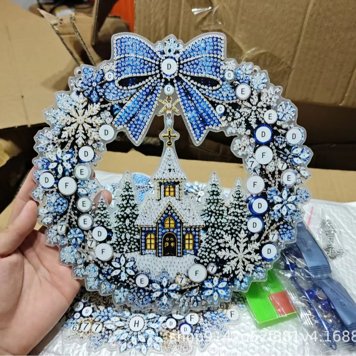 Christmas Pearl Diamond Painting Kit,DIY Acrylic Diamond Art with String Lights Wreath for Beginner Set Holiday Craft Gift