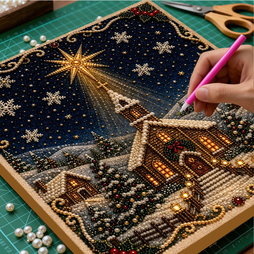 Christmas Pearl Diamond Painting Kit with Wooden Frame, Full Drill DIY Pearl Gem Art Craft Set, Home Decor Handmade Gift 20x20cm