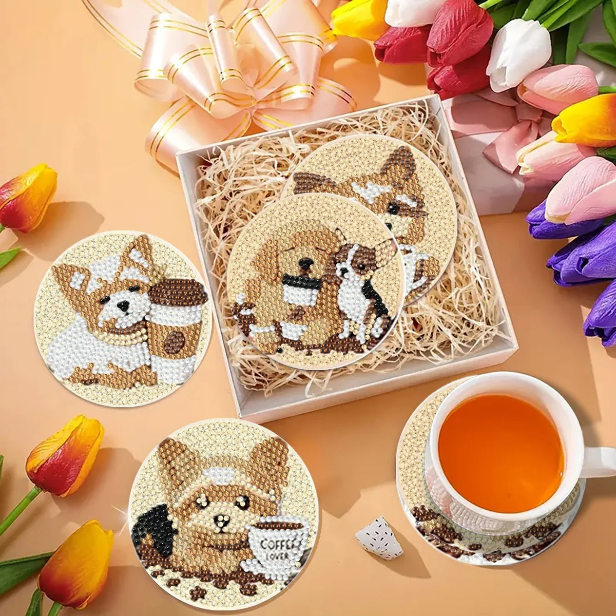 8 Pieces/Set of Diamond Painting Coasters, Featuring a Small Dog Pattern, with a Base, DIY Art Handmade Craft Kit