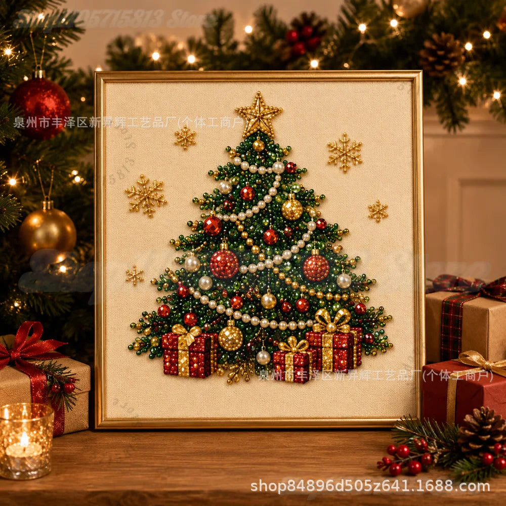Christmas Pearl Diamond Painting Art Kit with Frame,DIY Pearl Beads Art Craft Kit,Gemstone Diamond Dots Beads for Home Decor