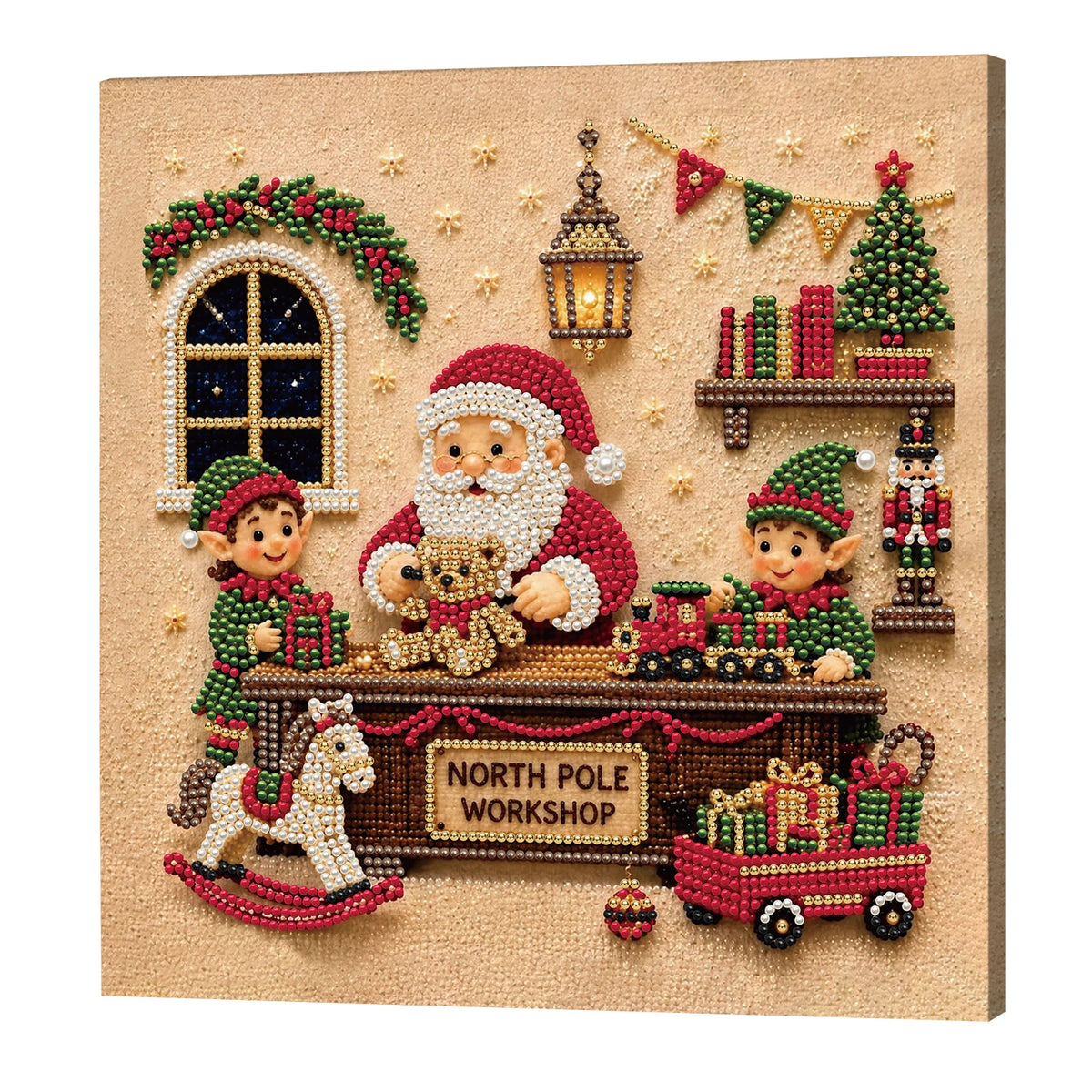 Christmas Pearl Diamond Painting Kit with Wooden Frame, Full Drill DIY Pearl Gem Art Craft Set, Home Decor Handmade Gift 20x20cm