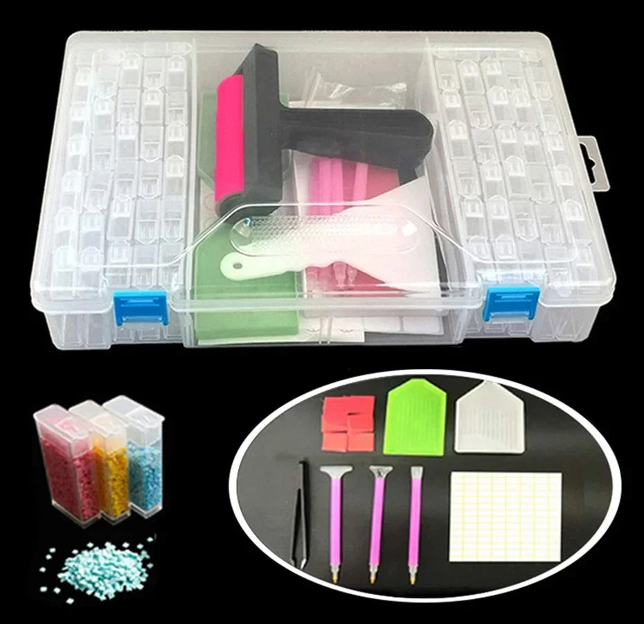 Diamond Painting Tools Sets with 64/56/42/28 Cells Plastic Storage Box Funnel Stickers etc Kit for Diamond Painting Embroidery